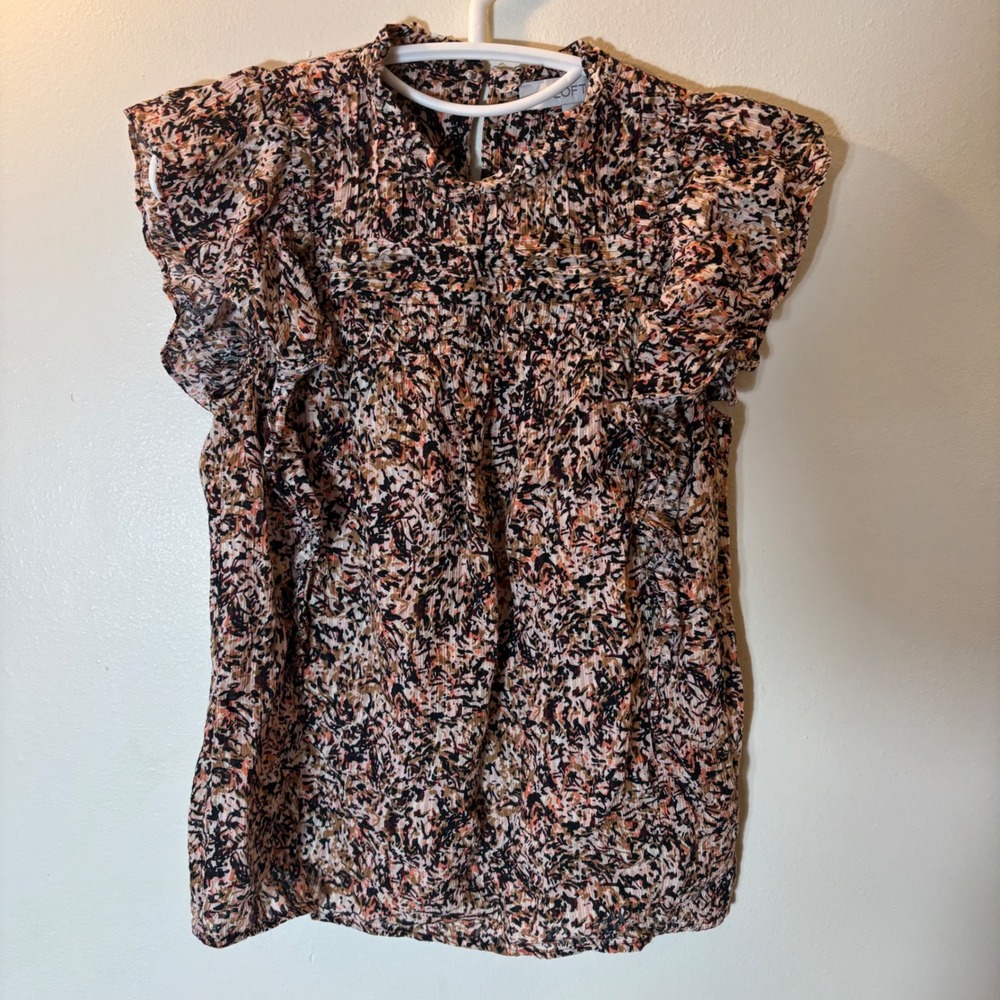 LOFT Flutter Sleeve‎ Blouse Size XS Multicolor Abstract High Neck Top